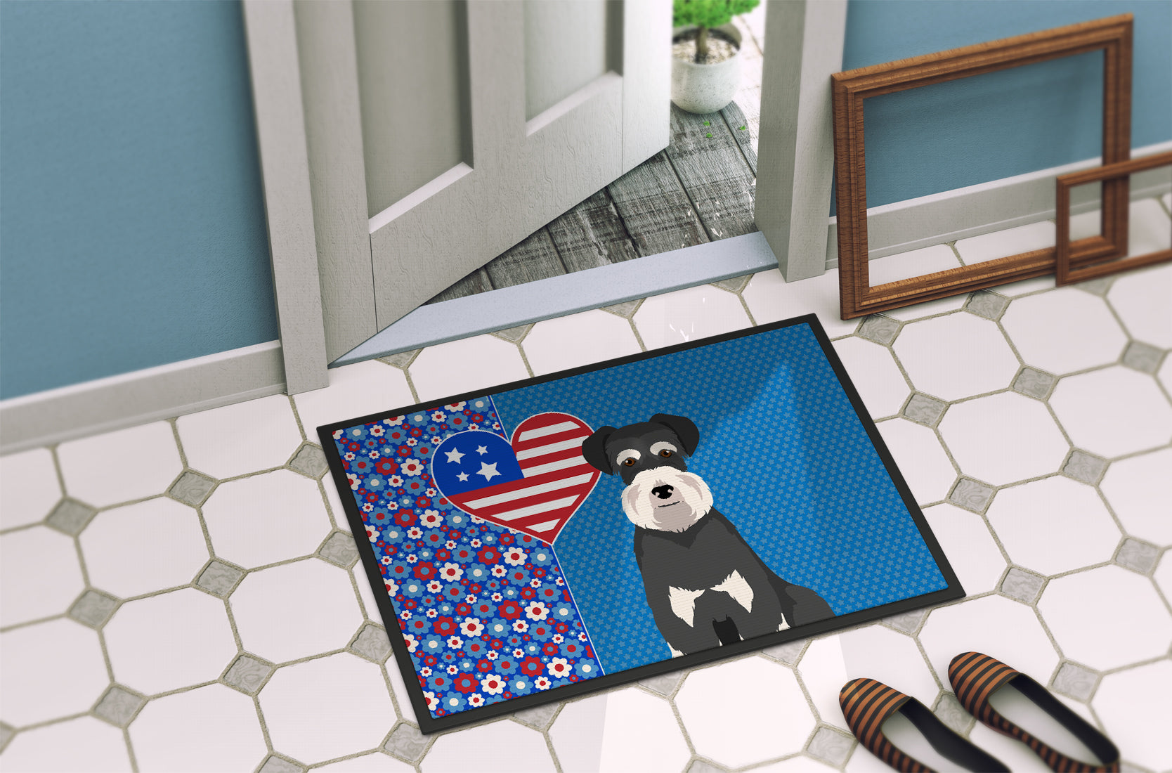 Black and Silver Natural Ears Schnauzer USA American Indoor or Outdoor Mat 24x36 - the-store.com