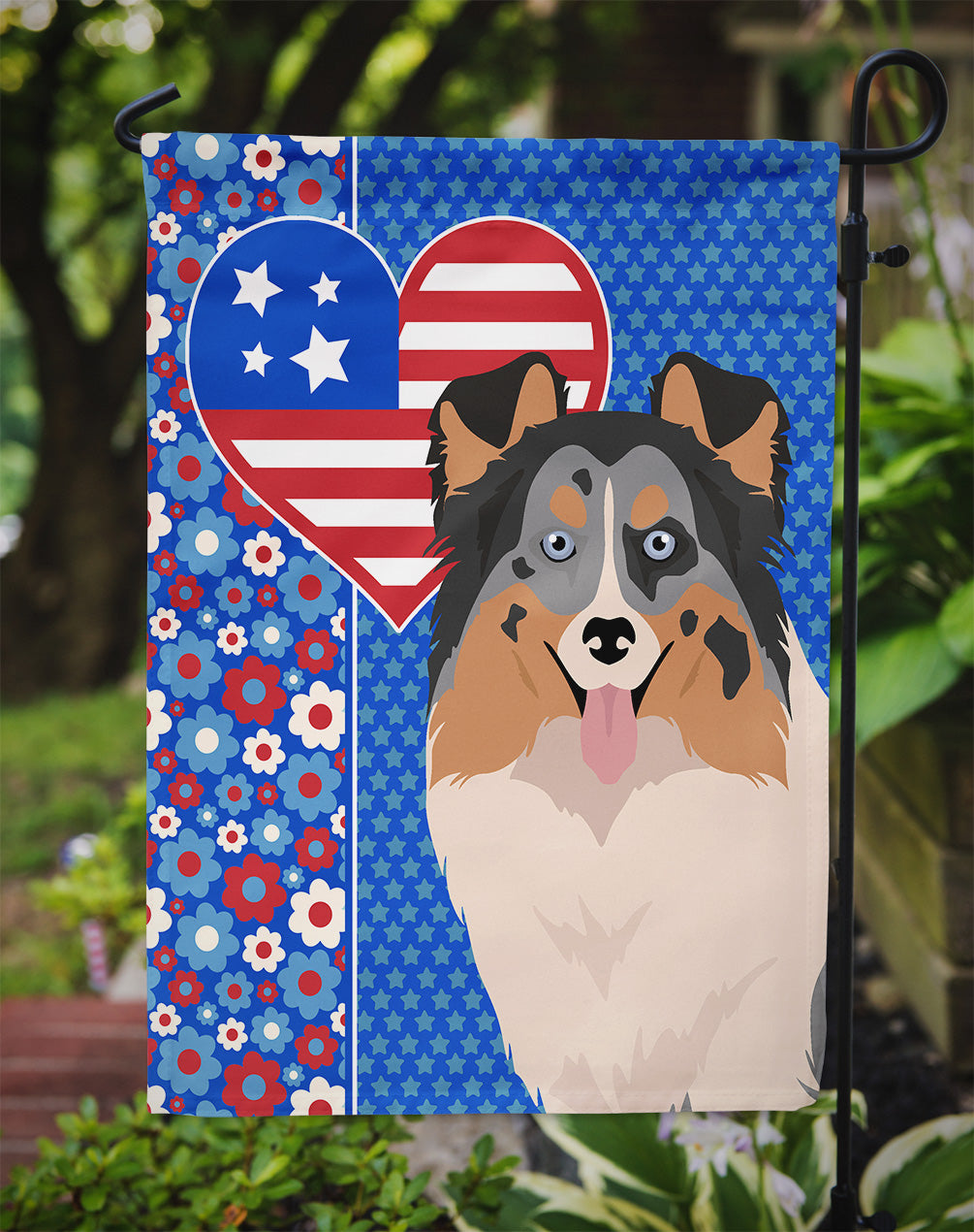 Blue Merle Sheltie USA American Flag Garden Size  the-store.com.