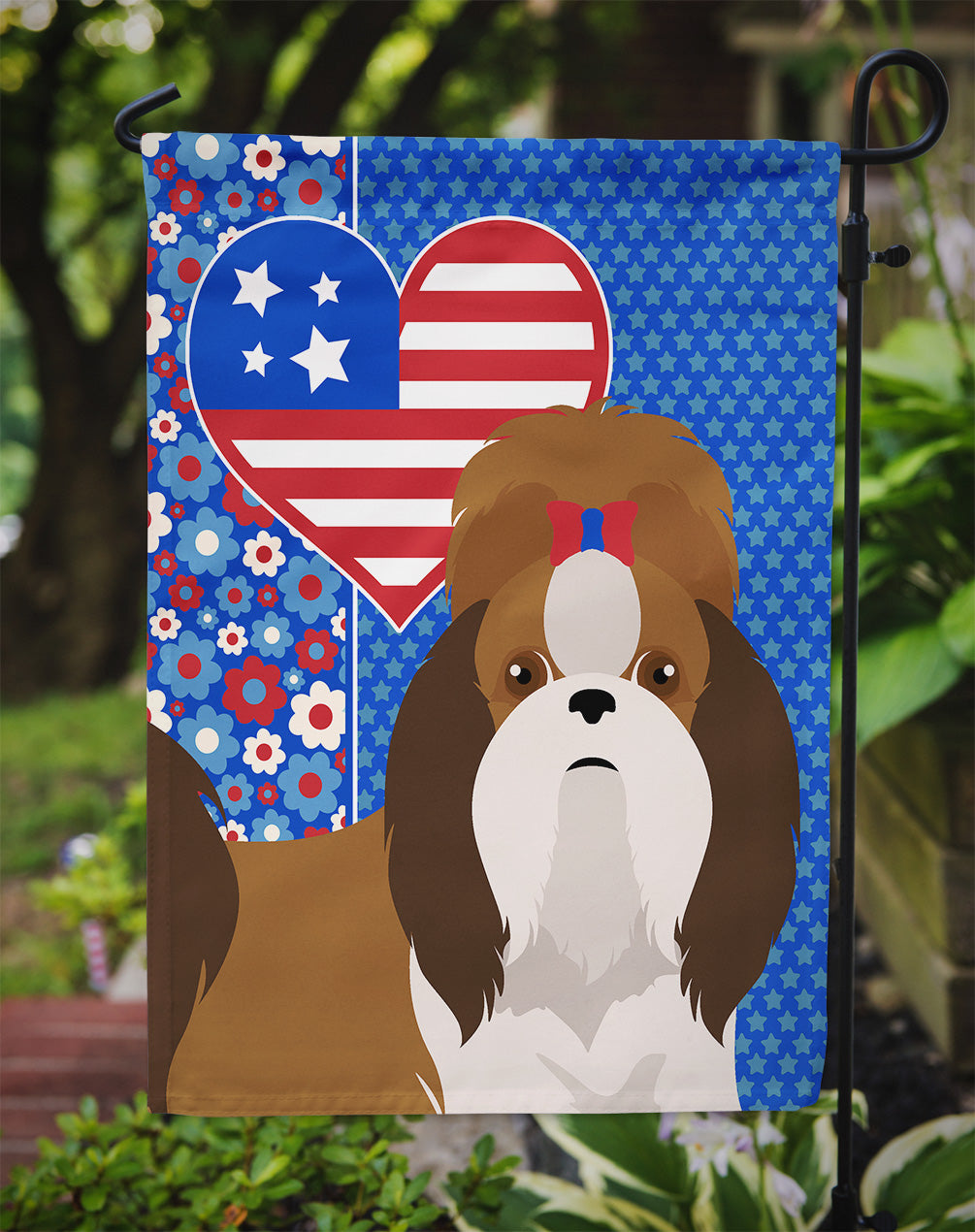 Red and White Shih Tzu USA American Flag Garden Size  the-store.com.