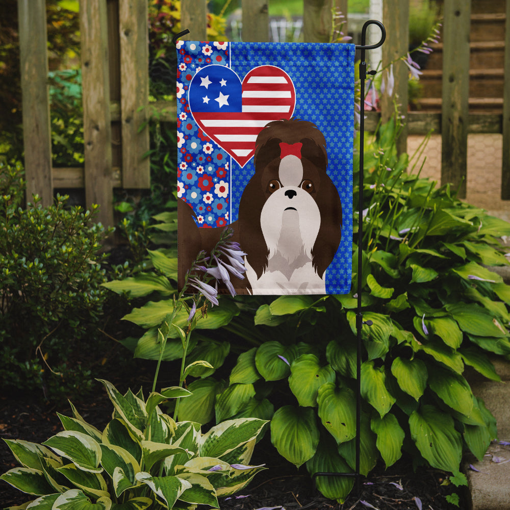 Liver and White Shih Tzu USA American Flag Garden Size  the-store.com.