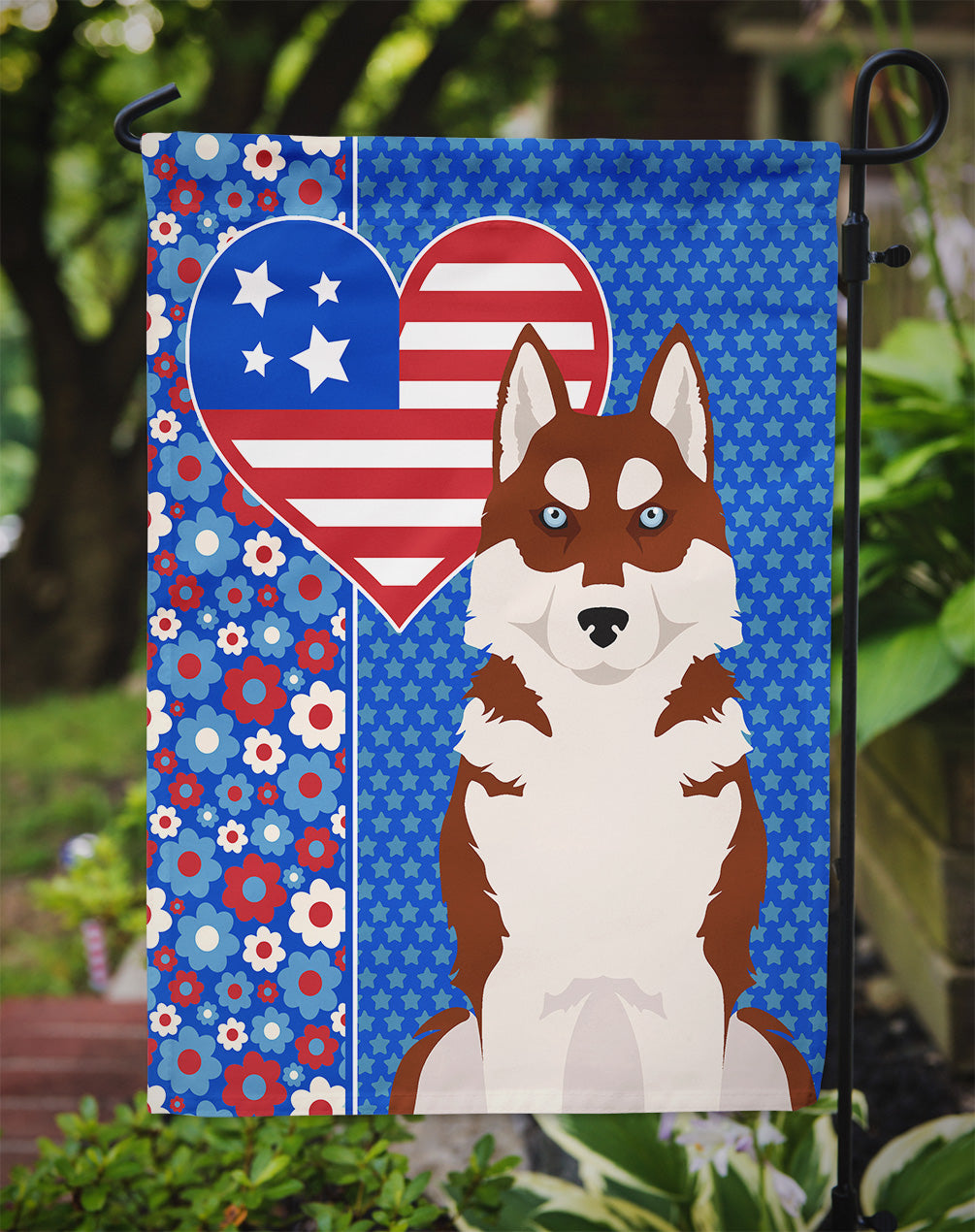 Red Siberian Husky USA American Flag Garden Size  the-store.com.