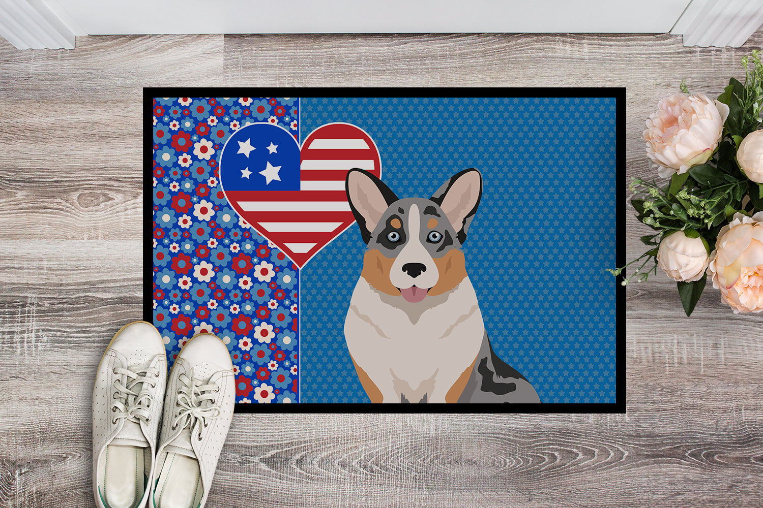 Buy this Blue Merle Cardigan Corgi USA American Indoor or Outdoor Mat 24x36