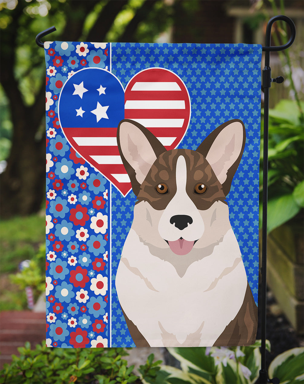 Brindle Cardigan Corgi USA American Flag Garden Size  the-store.com.