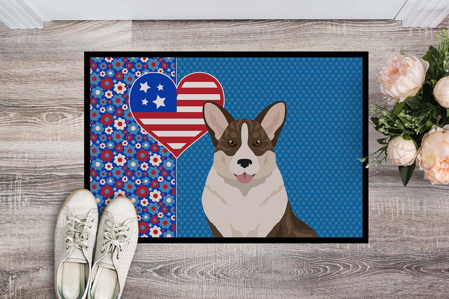 Buy this Brindle Cardigan Corgi USA American Indoor or Outdoor Mat 24x36