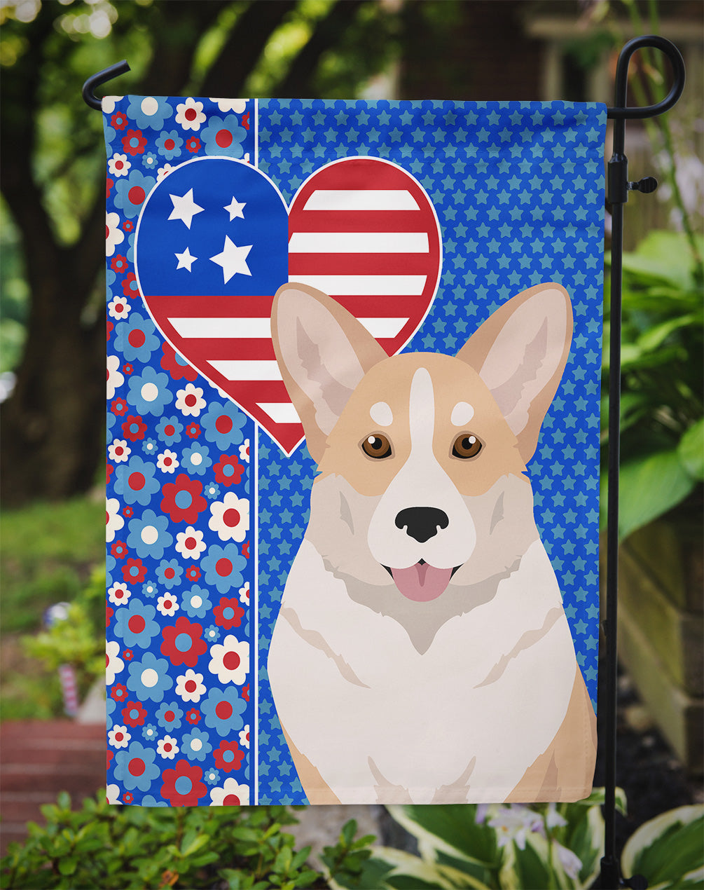 Fawn Cardigan Corgi USA American Flag Garden Size  the-store.com.