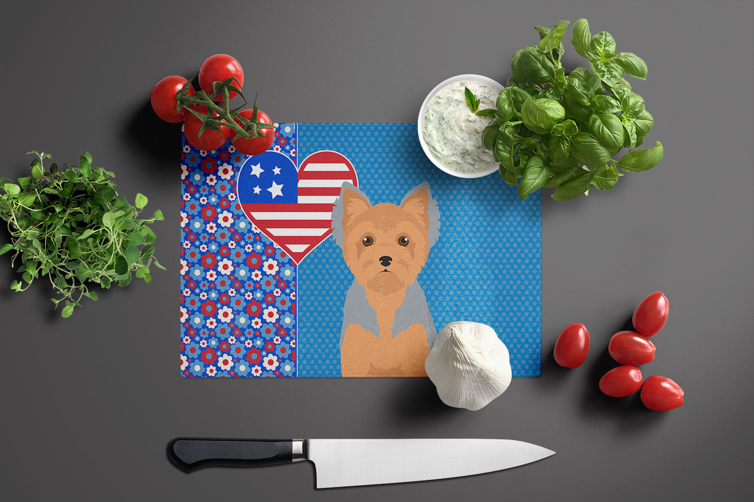 Blue and Tan Puppy Cut Yorkshire Terrier USA American Glass Cutting Board Large - the-store.com