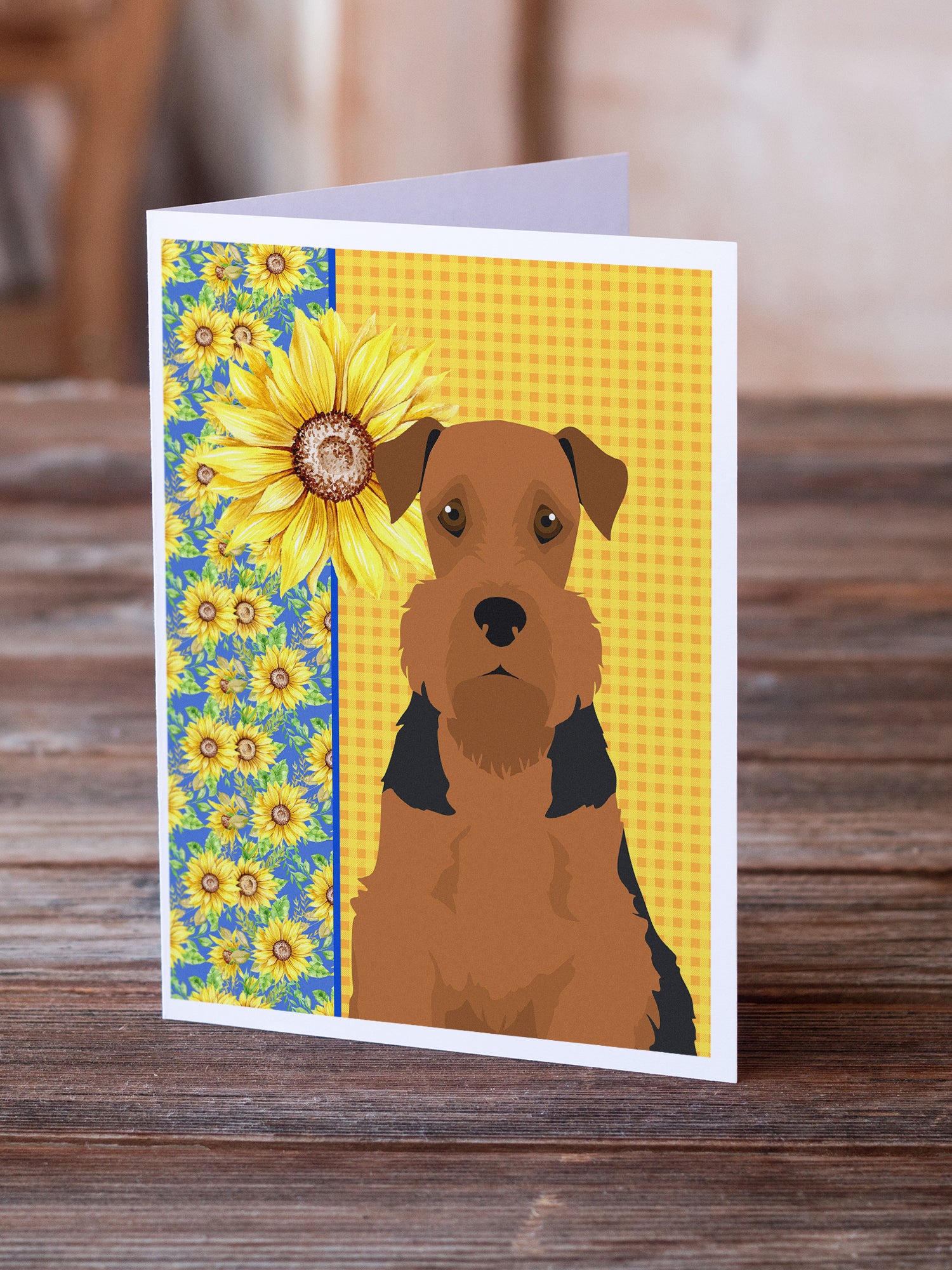 Summer Sunflowers Black and Tan Airedale Terrier Greeting Cards and Envelopes Pack of 8 - the-store.com