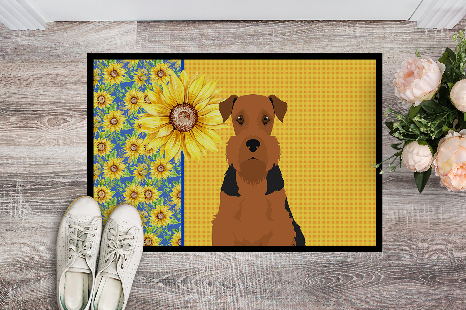 Buy this Summer Sunflowers Black and Tan Airedale Terrier Indoor or Outdoor Mat 24x36