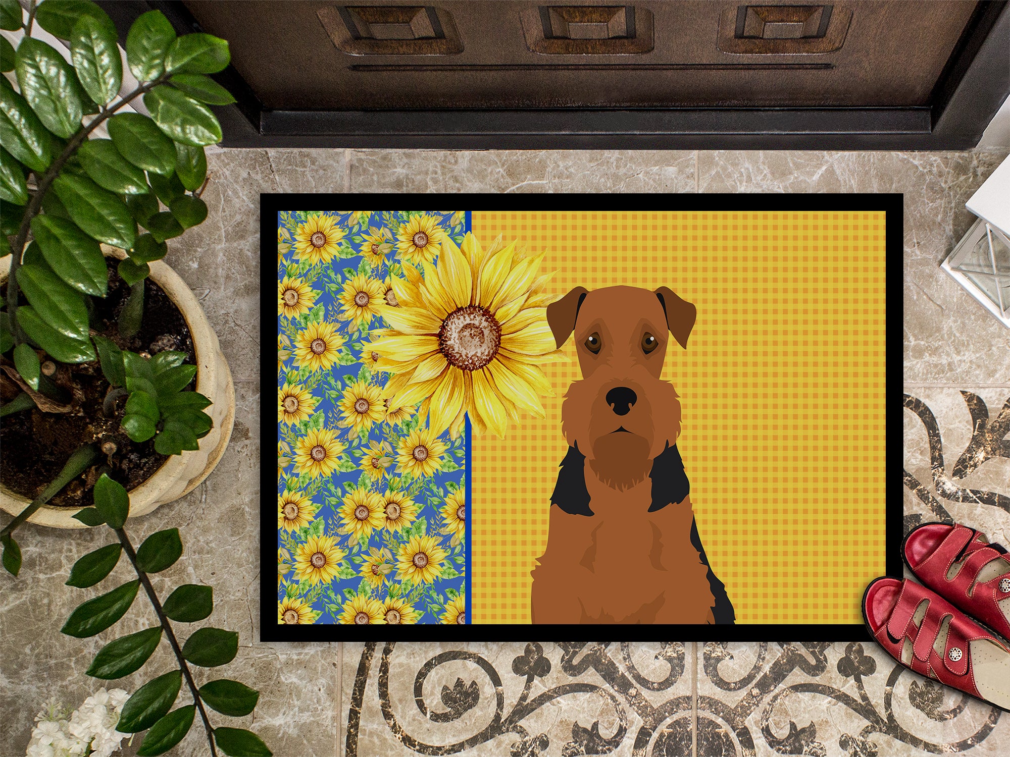 Summer Sunflowers Black and Tan Airedale Terrier Indoor or Outdoor Mat 24x36 - the-store.com