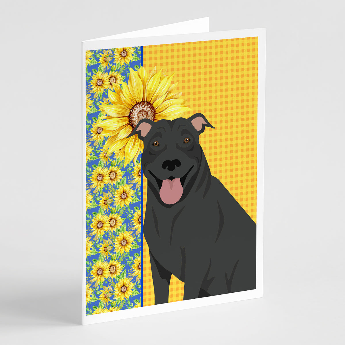 Buy this Summer Sunflowers Black Pit Bull Terrier Greeting Cards and Envelopes Pack of 8