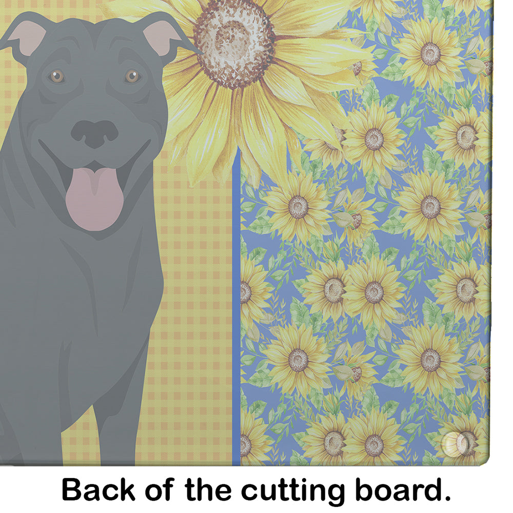 Summer Sunflowers Black Pit Bull Terrier Glass Cutting Board Large - the-store.com