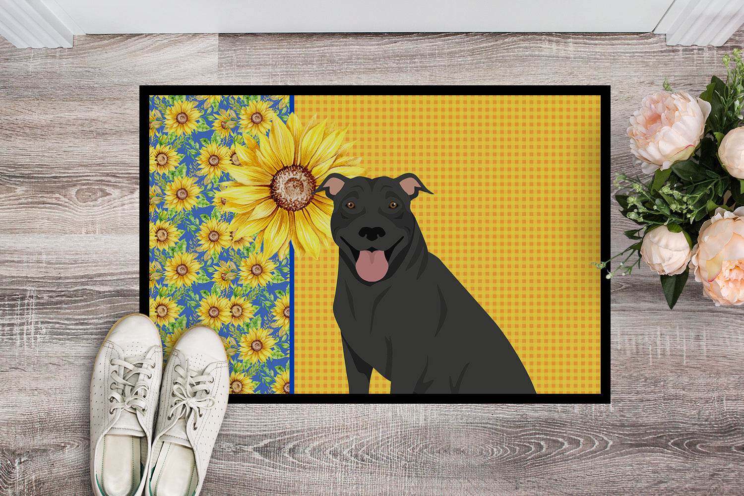 Summer Sunflowers Black Pit Bull Terrier Indoor or Outdoor Mat 18x27 - the-store.com