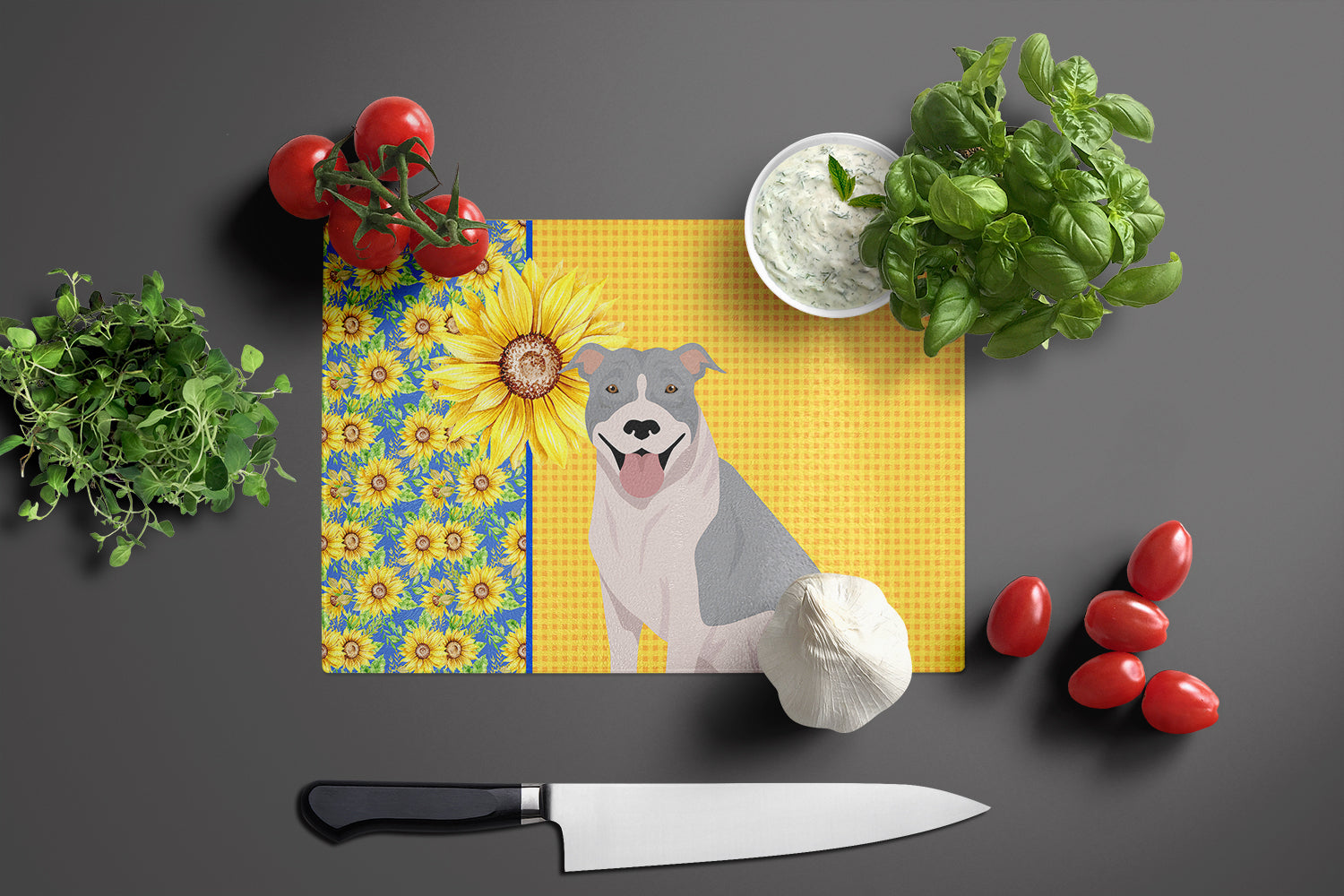 Summer Sunflowers Blue and White Pit Bull Terrier Glass Cutting Board Large - the-store.com