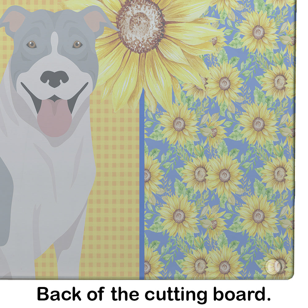 Summer Sunflowers Blue and White Pit Bull Terrier Glass Cutting Board Large - the-store.com