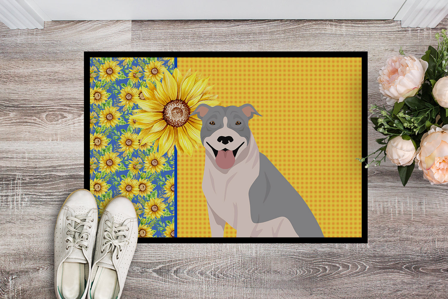 Summer Sunflowers Blue and White Pit Bull Terrier Indoor or Outdoor Mat 18x27 - the-store.com