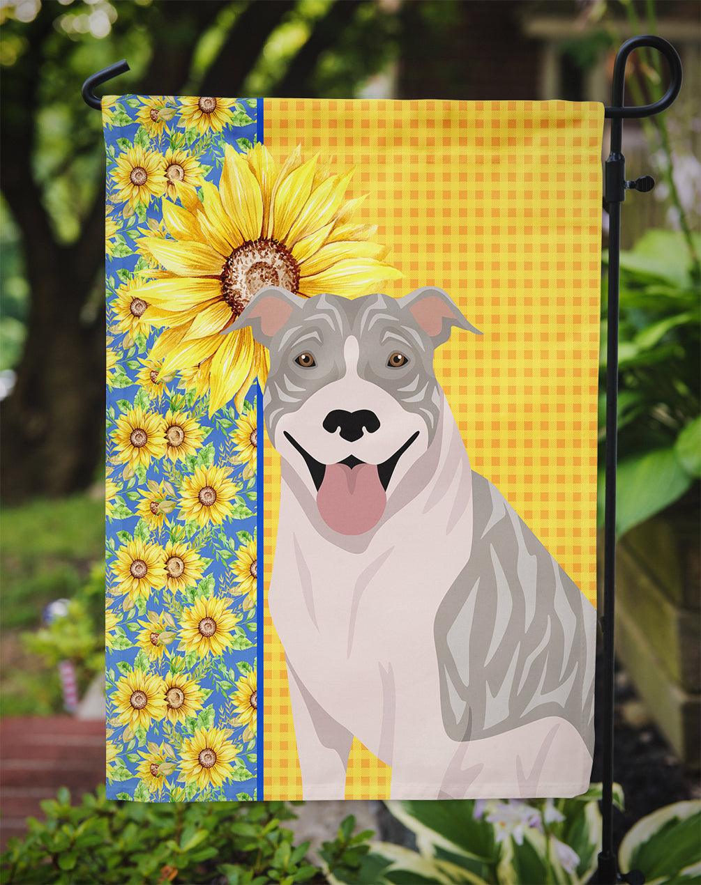 Summer Sunflowers Blue Brindle Pit Bull Terrier Flag Garden Size  the-store.com.