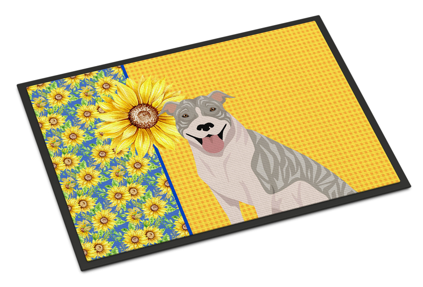 Buy this Summer Sunflowers Blue Brindle Pit Bull Terrier Indoor or Outdoor Mat 18x27