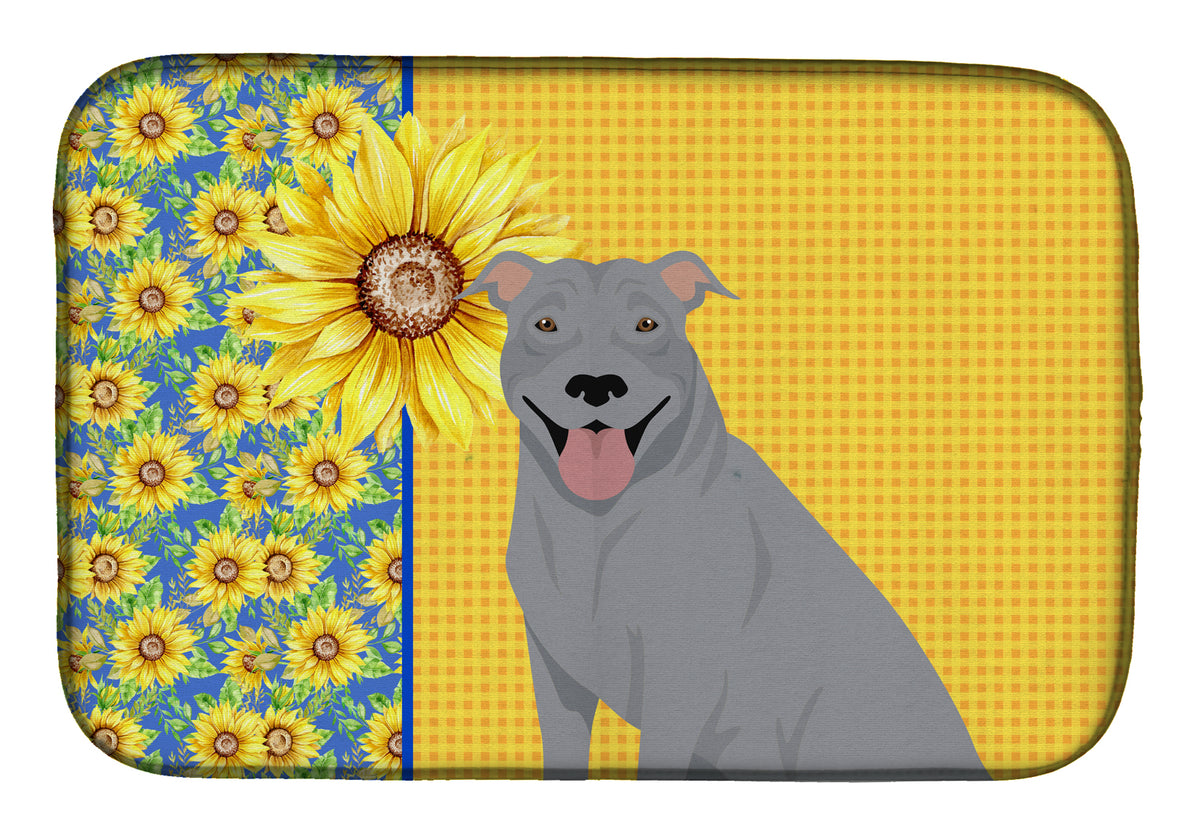 Summer Sunflowers Blue Pit Bull Terrier Dish Drying Mat  the-store.com.