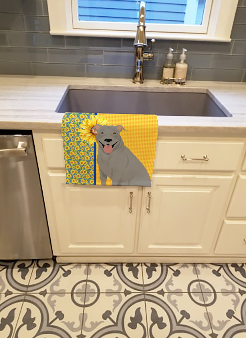 Summer Sunflowers Blue Pit Bull Terrier Kitchen Towel - the-store.com