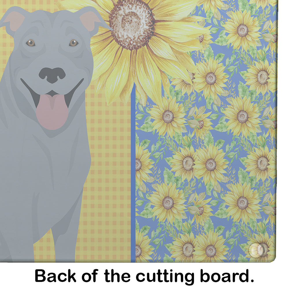 Summer Sunflowers Blue Pit Bull Terrier Glass Cutting Board Large - the-store.com