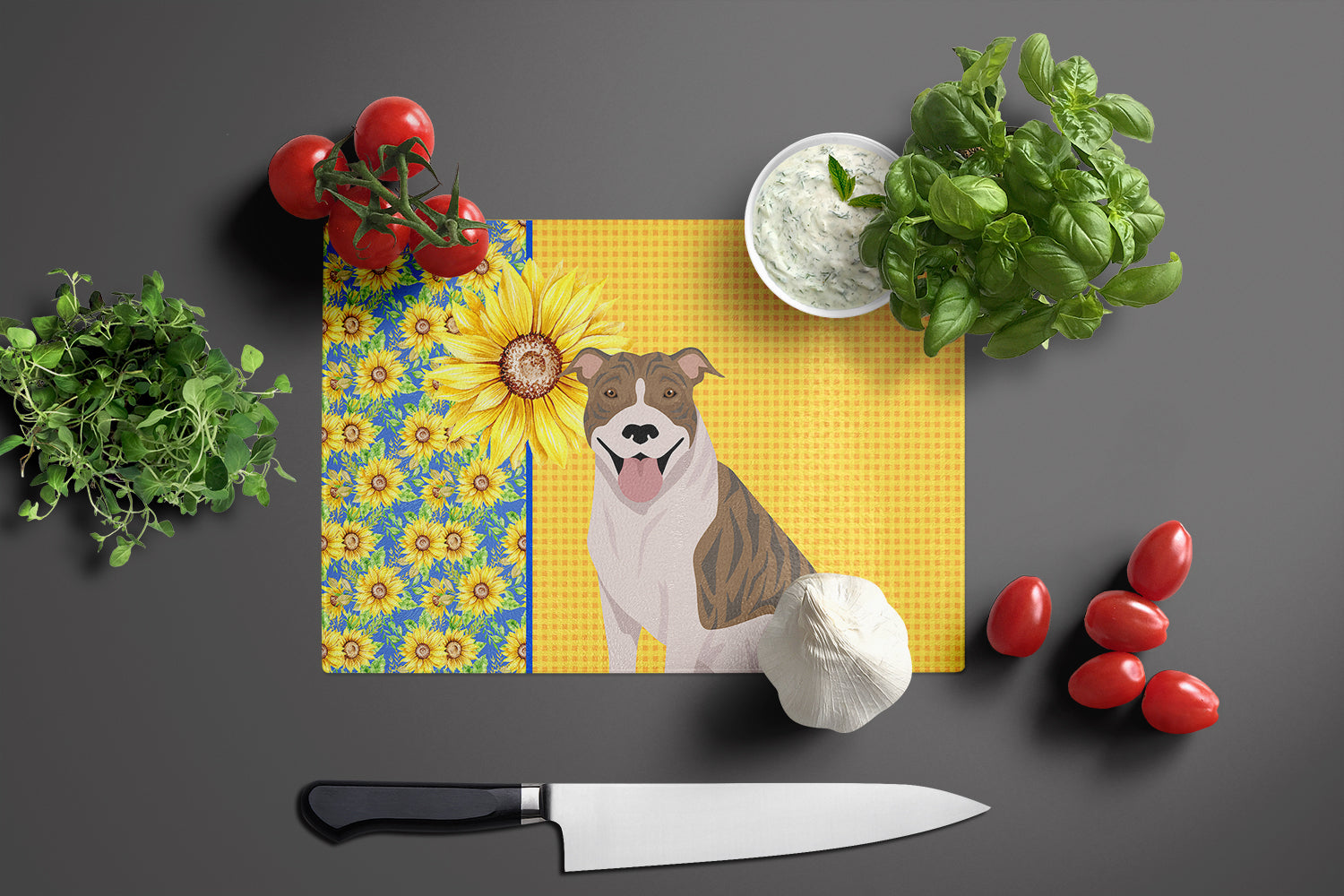 Summer Sunflowers Fawn Brindle Pit Bull Terrier Glass Cutting Board Large - the-store.com