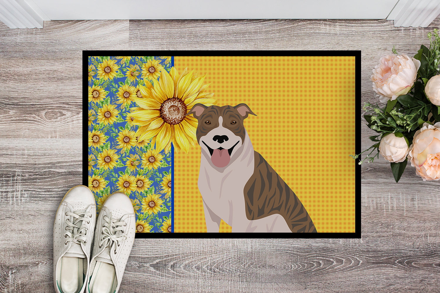 Buy this Summer Sunflowers Fawn Brindle Pit Bull Terrier Indoor or Outdoor Mat 18x27