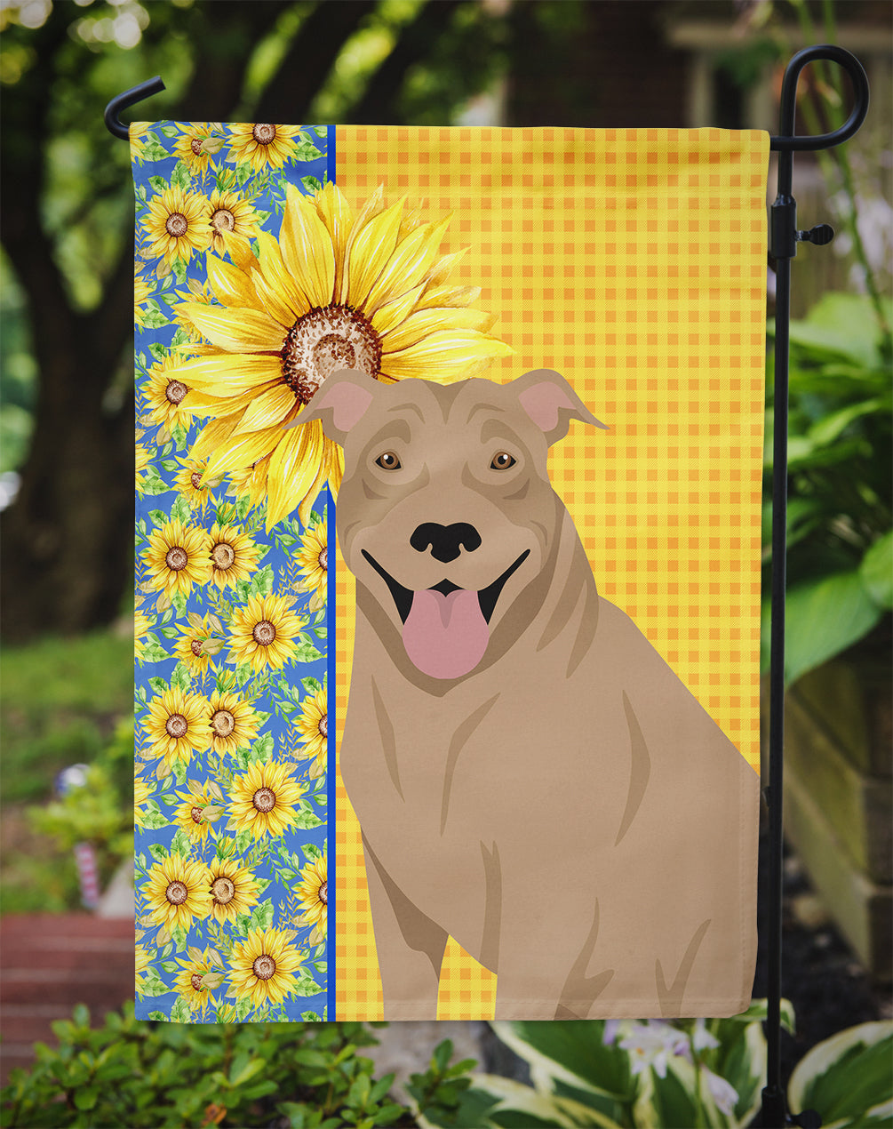 Summer Sunflowers Fawn Pit Bull Terrier Flag Garden Size  the-store.com.