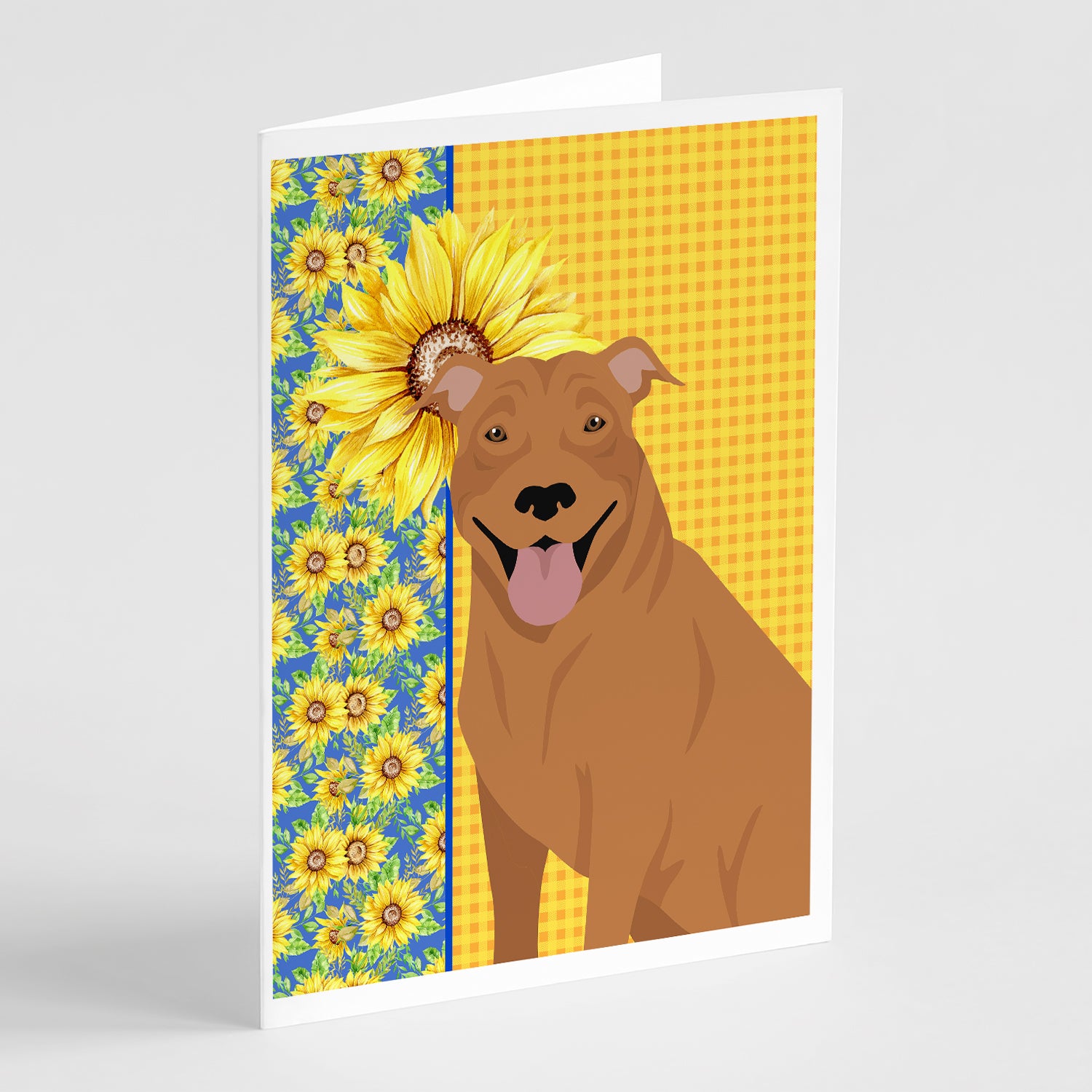 Buy this Summer Sunflowers Red Pit Bull Terrier Greeting Cards and Envelopes Pack of 8