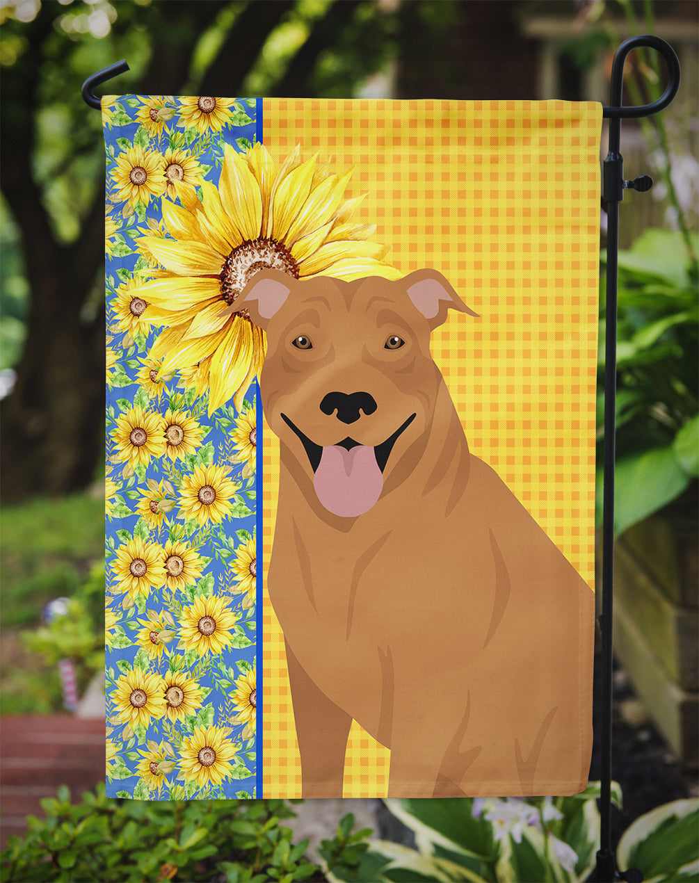 Summer Sunflowers Red Pit Bull Terrier Flag Garden Size  the-store.com.