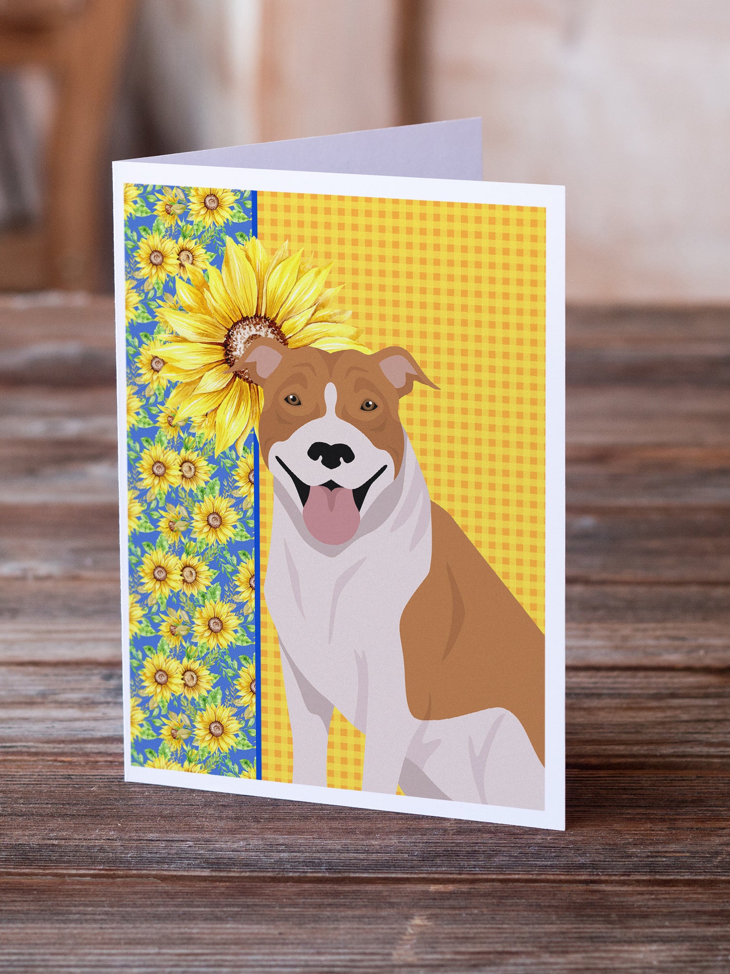 Buy this Summer Sunflowers Red and White Pit Bull Terrier Greeting Cards and Envelopes Pack of 8