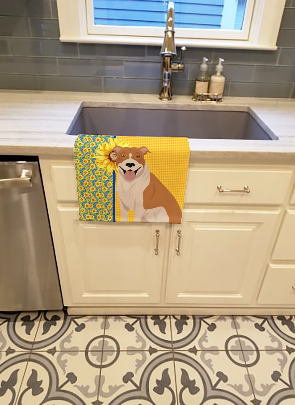 Summer Sunflowers Red and White Pit Bull Terrier Kitchen Towel - the-store.com