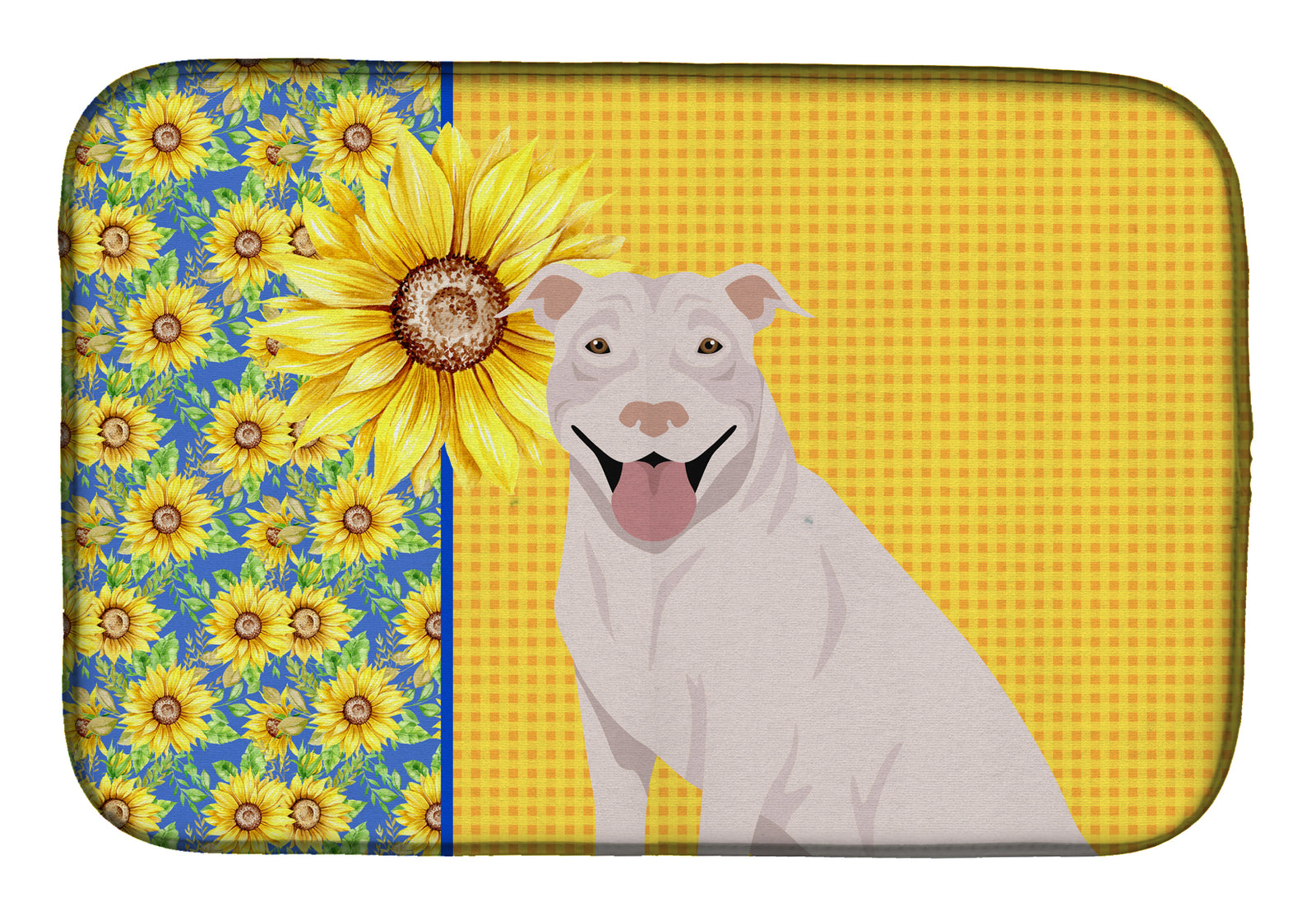 Summer Sunflowers White Pit Bull Terrier Dish Drying Mat  the-store.com.