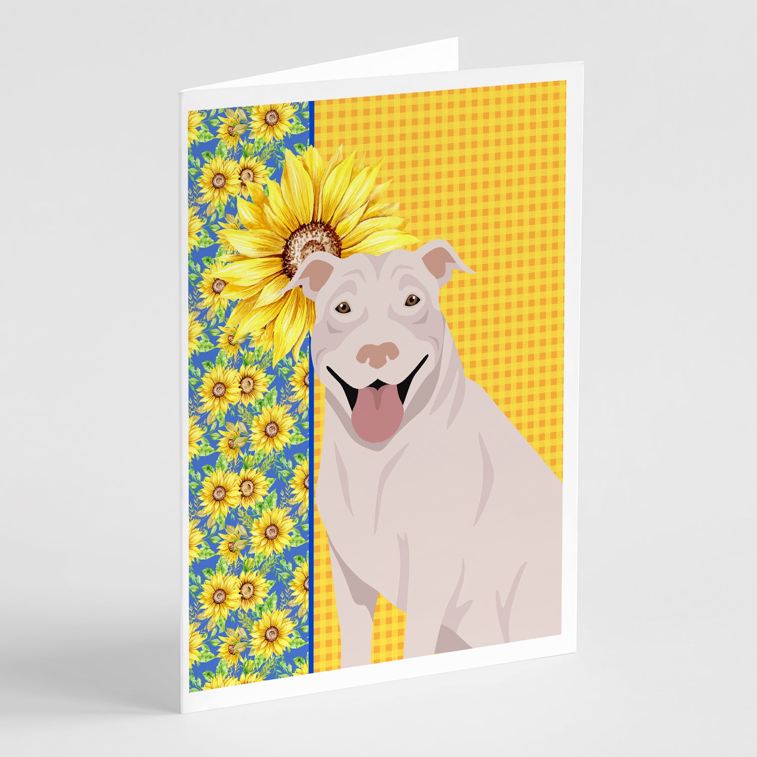 Buy this Summer Sunflowers White Pit Bull Terrier Greeting Cards and Envelopes Pack of 8