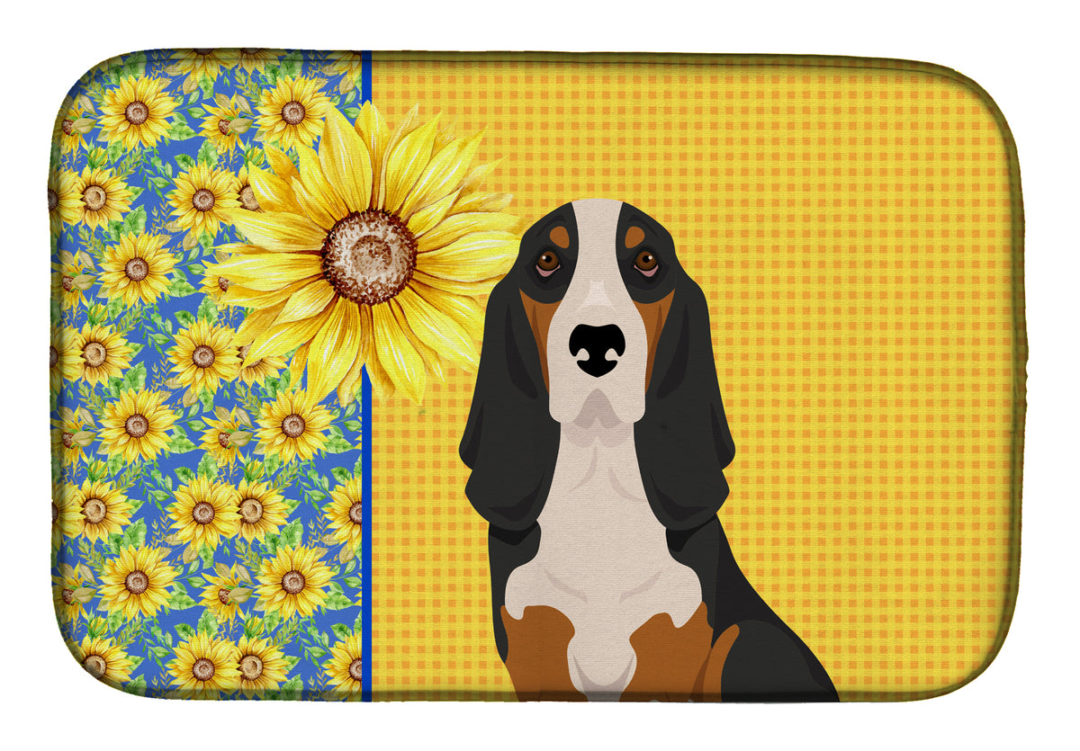 Summer Sunflowers Black Tricolor Basset Hound Dish Drying Mat  the-store.com.