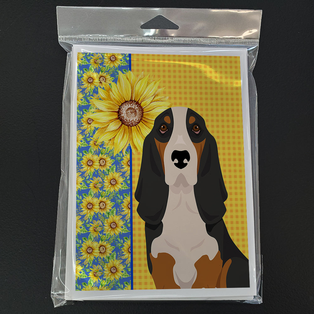 Summer Sunflowers Black Tricolor Basset Hound Greeting Cards and Envelopes Pack of 8 - the-store.com