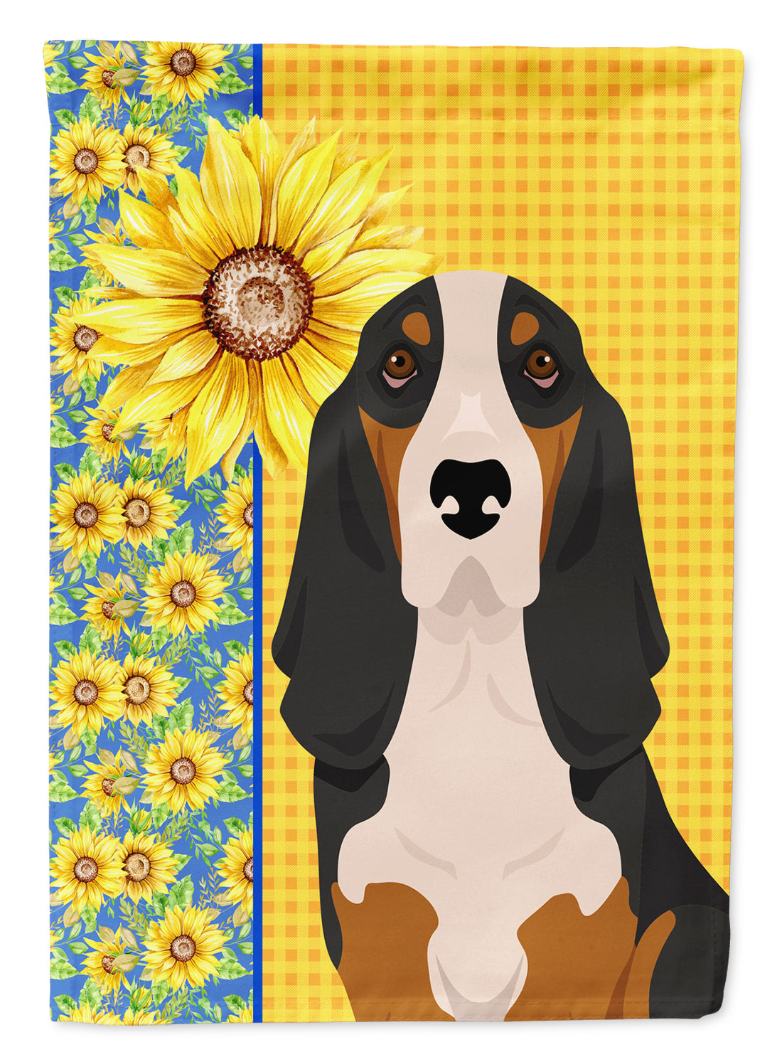 Summer Sunflowers Black Tricolor Basset Hound Flag Garden Size