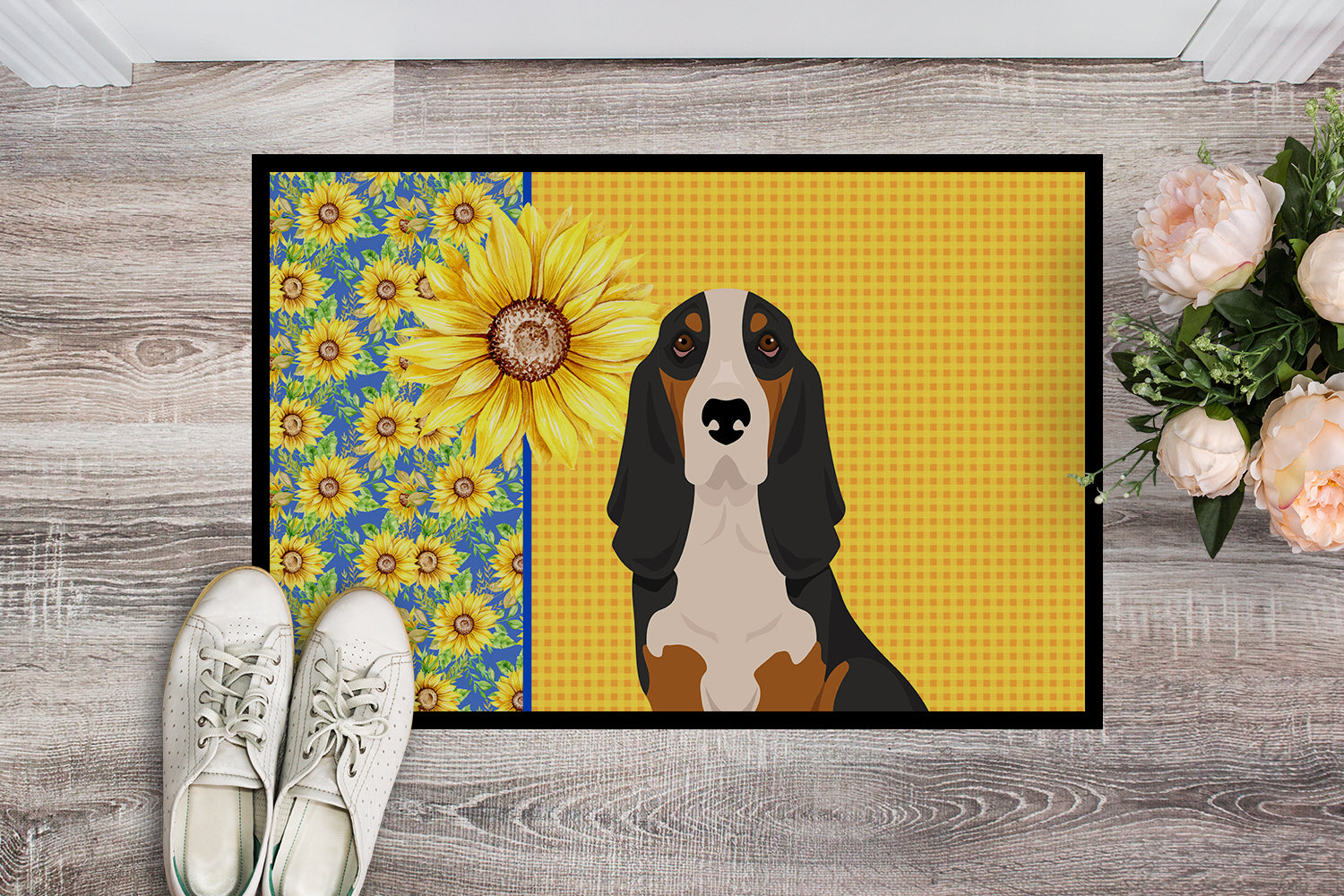 Summer Sunflowers Black Tricolor Basset Hound Indoor or Outdoor Mat 18x27 - the-store.com