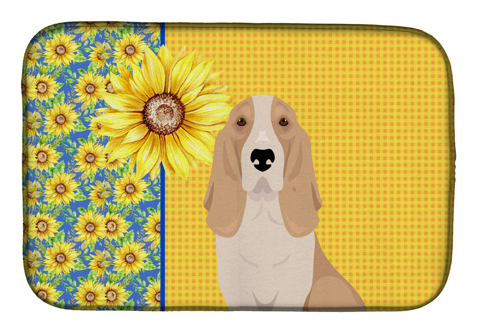 Summer Sunflowers Lemon and White Tricolor Basset Hound Dish Drying Mat  the-store.com.