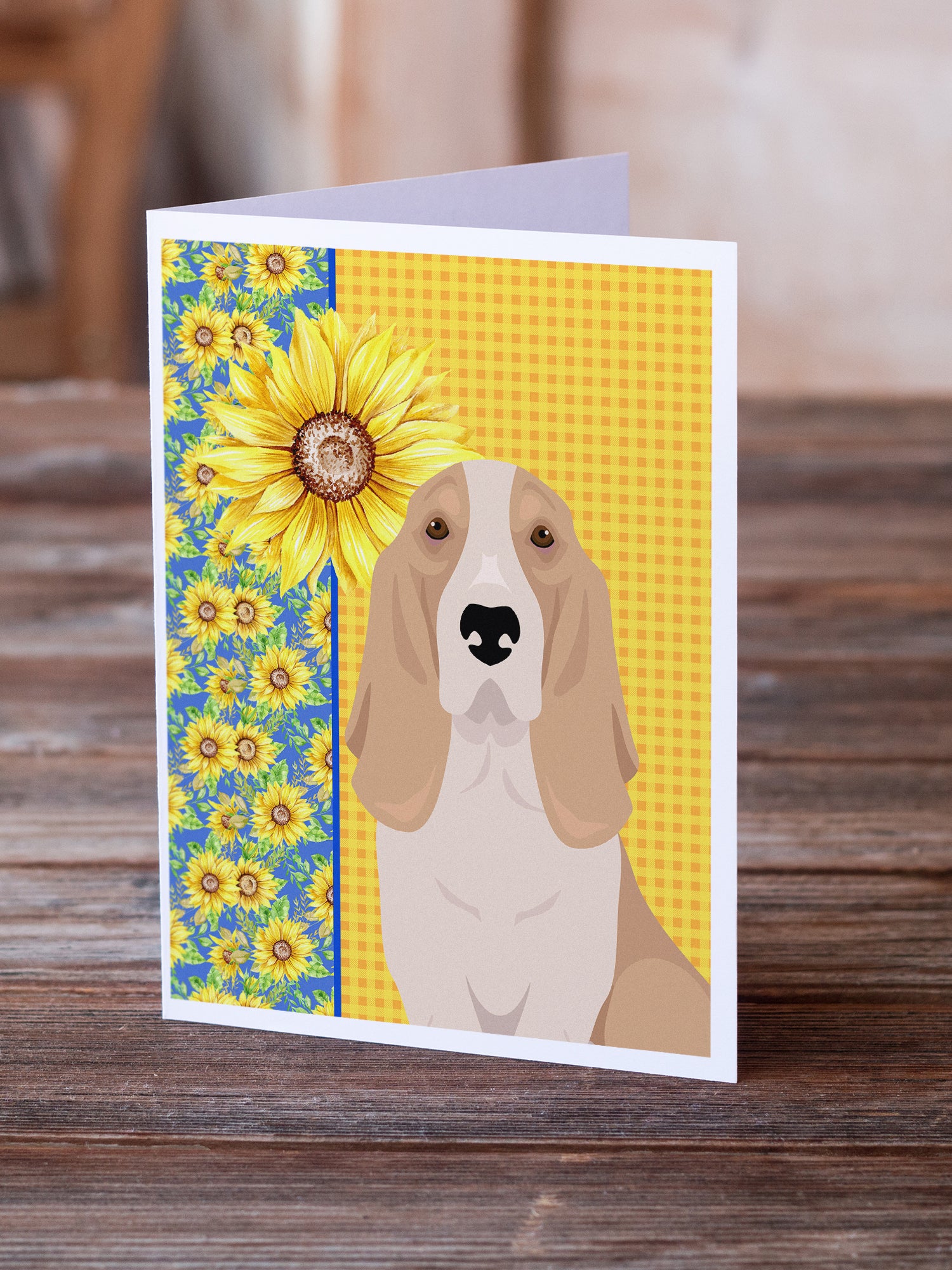 Summer Sunflowers Lemon and White Tricolor Basset Hound Greeting Cards and Envelopes Pack of 8 - the-store.com