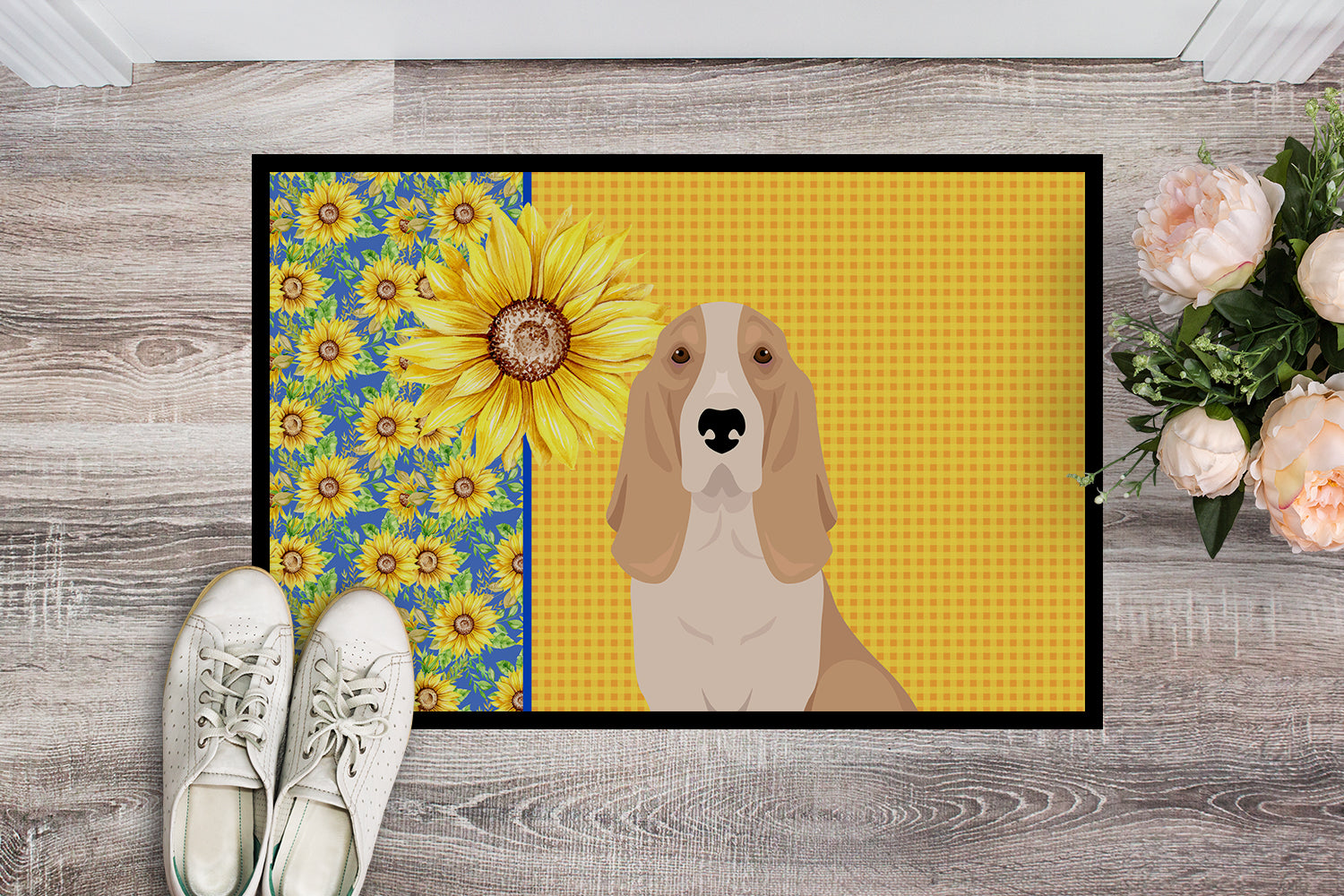 Summer Sunflowers Lemon and White Tricolor Basset Hound Indoor or Outdoor Mat 24x36 - the-store.com