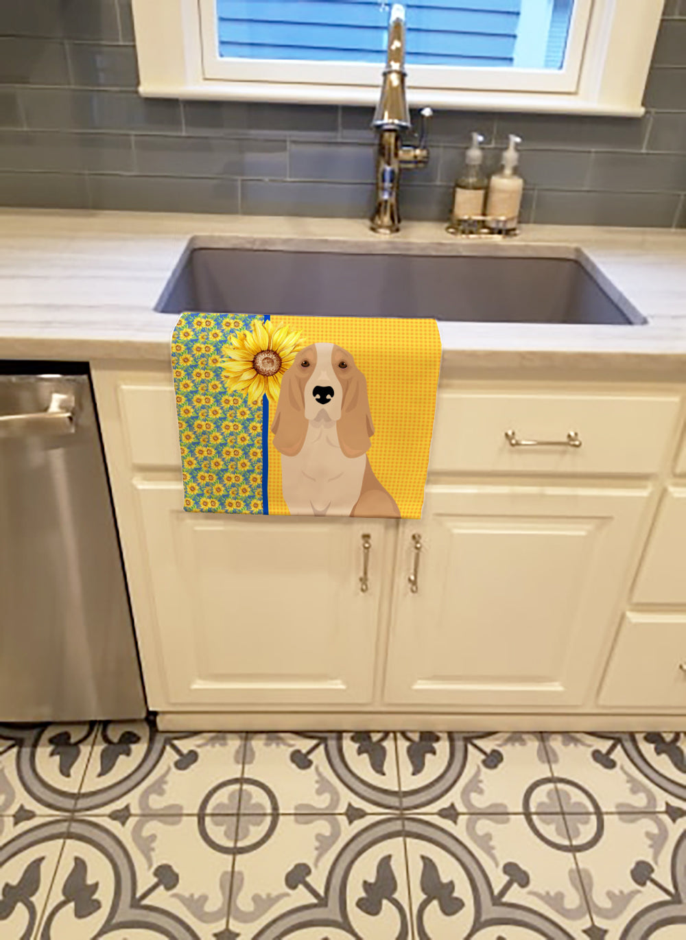 Buy this Summer Sunflowers Lemon and White Tricolor Basset Hound Kitchen Towel