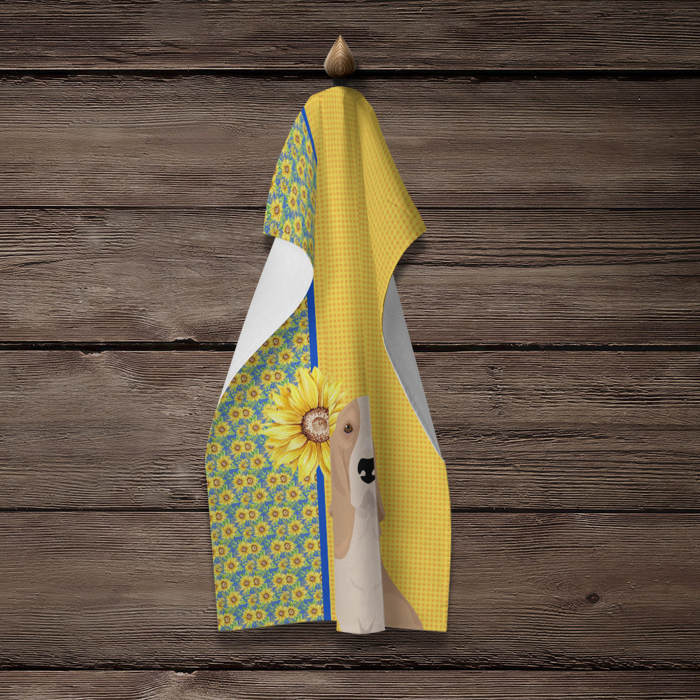 Summer Sunflowers Lemon and White Tricolor Basset Hound Kitchen Towel - the-store.com