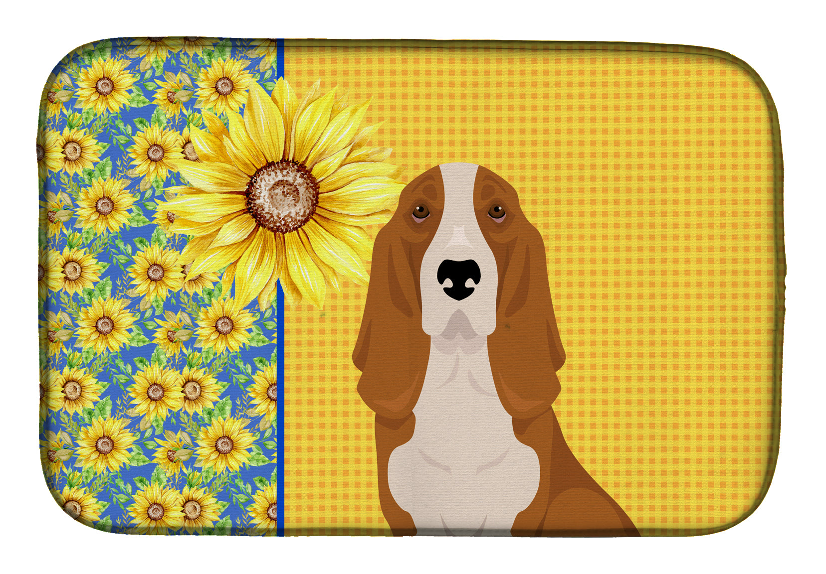 Summer Sunflowers Red and White Tricolor Basset Hound Dish Drying Mat  the-store.com.