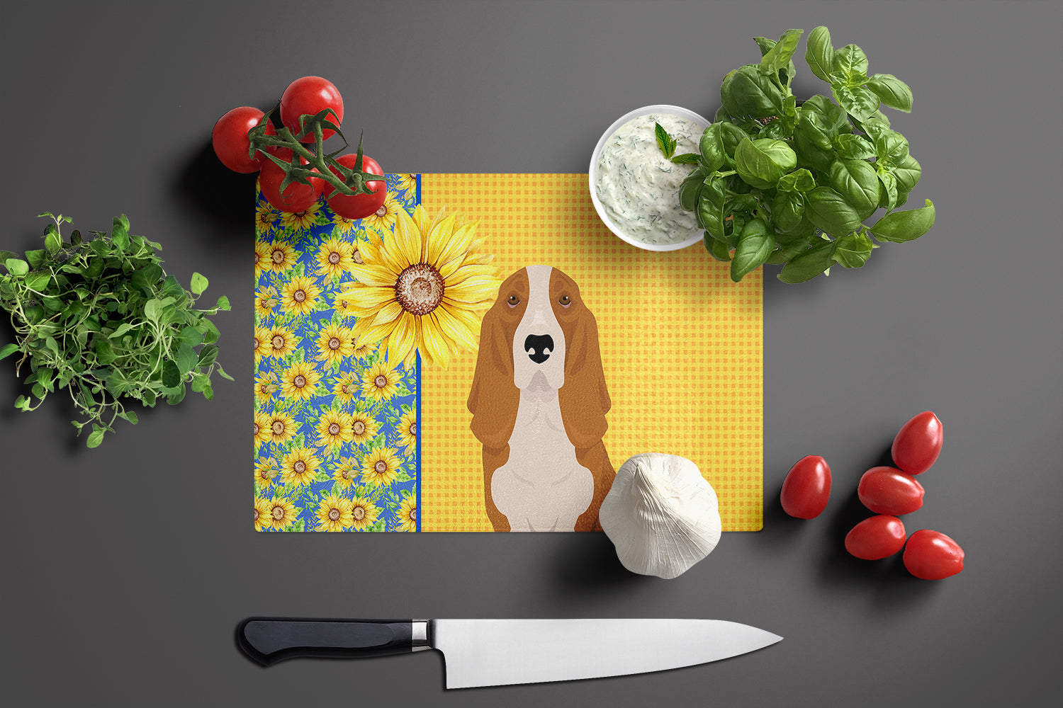 Summer Sunflowers Red and White Tricolor Basset Hound Glass Cutting Board Large - the-store.com