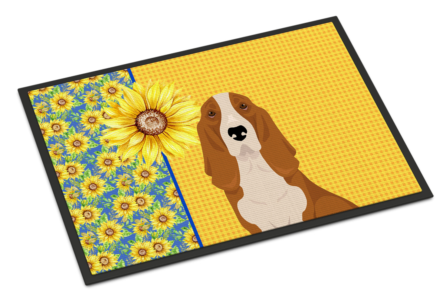 Buy this Summer Sunflowers Red and White Tricolor Basset Hound Indoor or Outdoor Mat 18x27