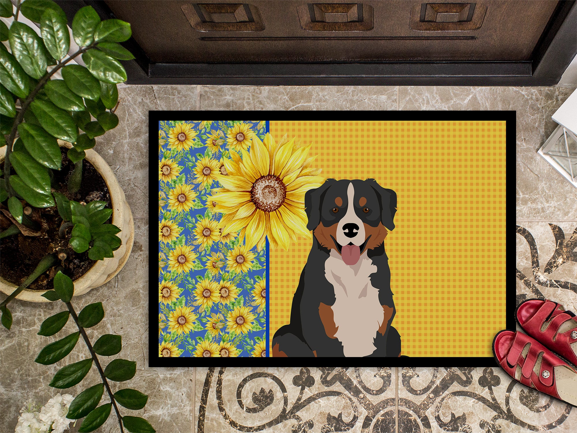 Summer Sunflowers Bernese Mountain Dog Indoor or Outdoor Mat 18x27 - the-store.com