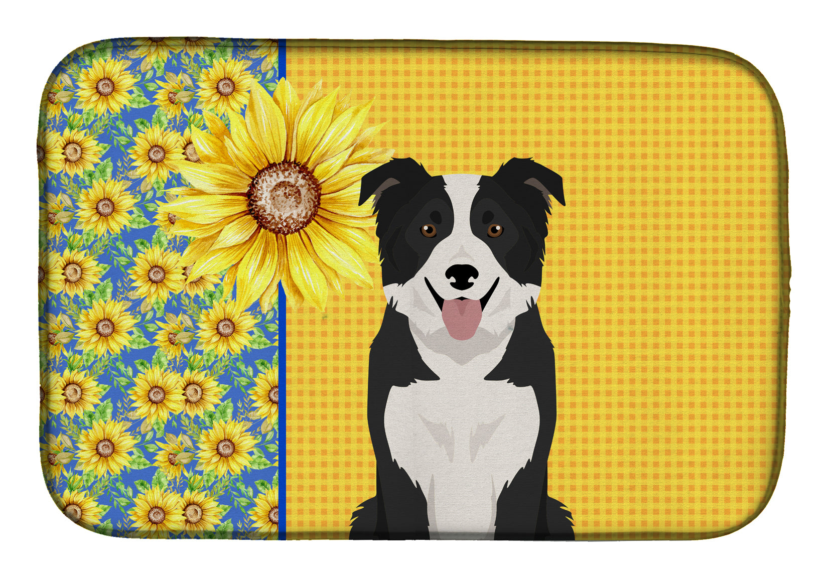 Summer Sunflowers Black and White Border Collie Dish Drying Mat  the-store.com.