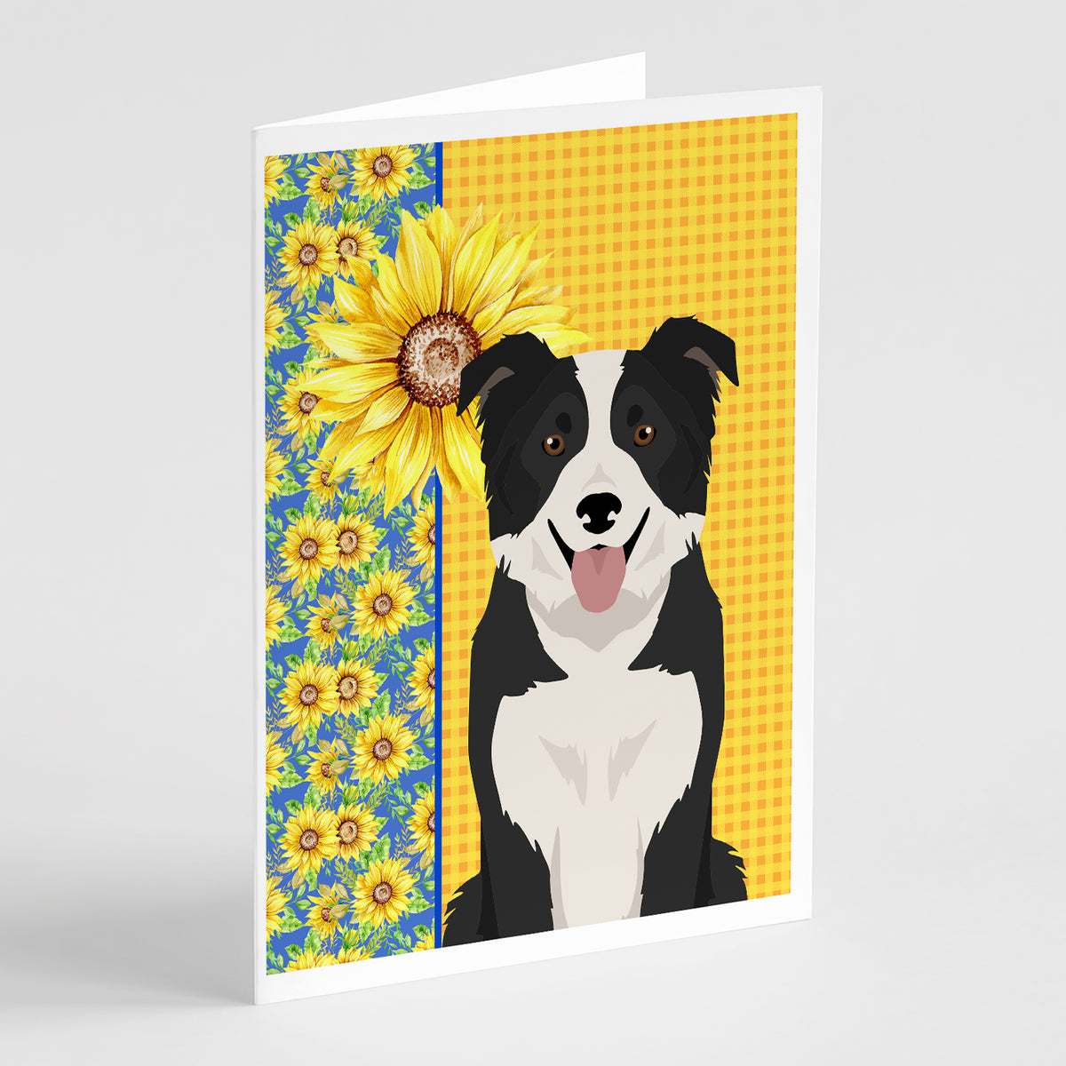 Buy this Summer Sunflowers Black and White Border Collie Greeting Cards and Envelopes Pack of 8