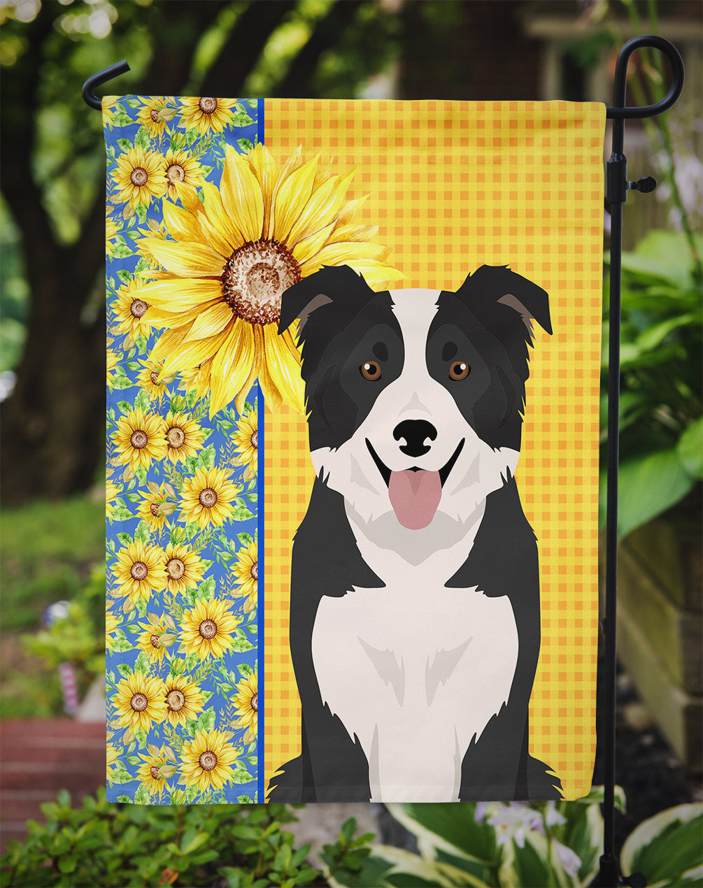 Summer Sunflowers Black and White Border Collie Flag Garden Size  the-store.com.