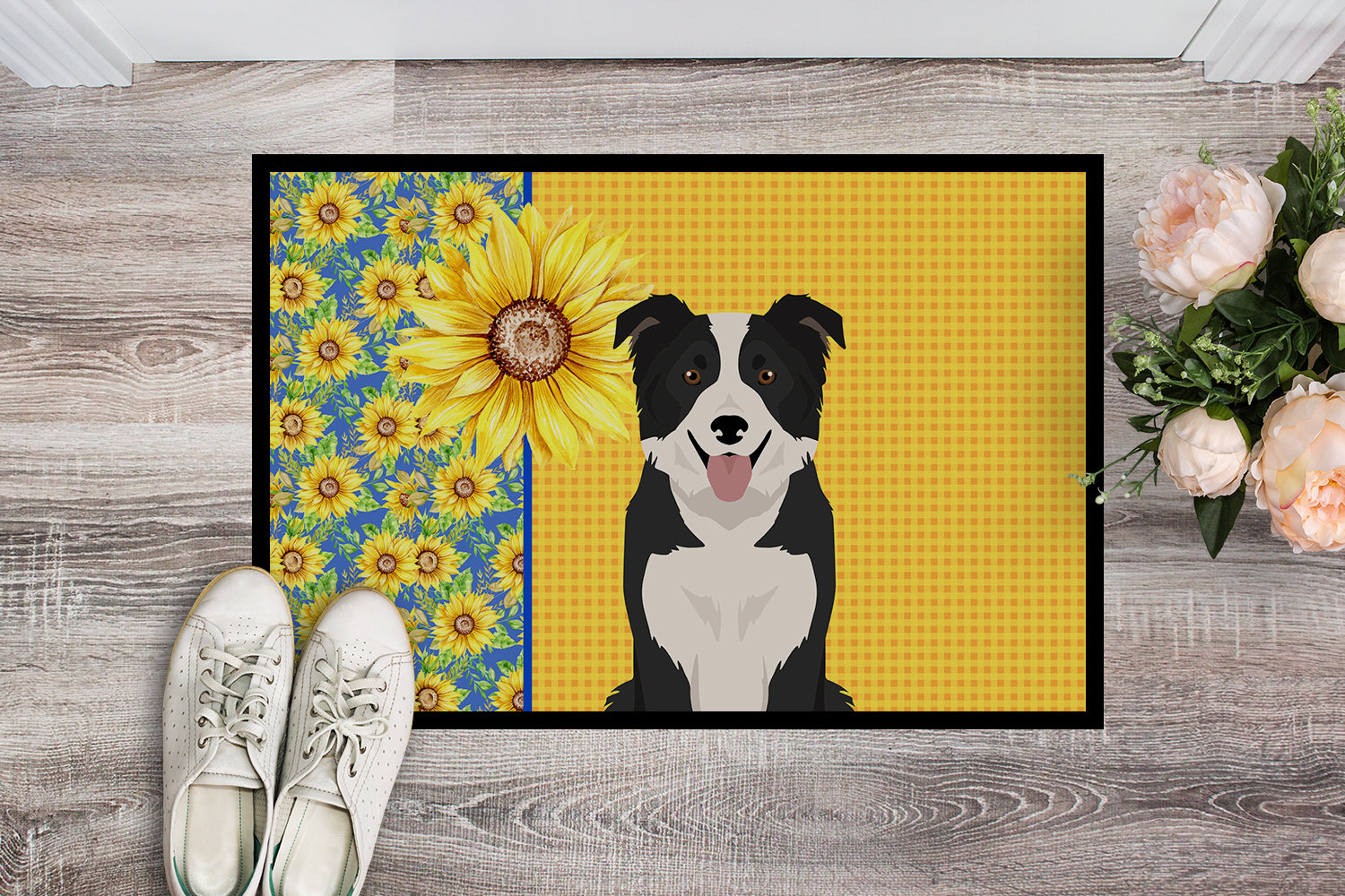 Summer Sunflowers Black and White Border Collie Indoor or Outdoor Mat 18x27 - the-store.com